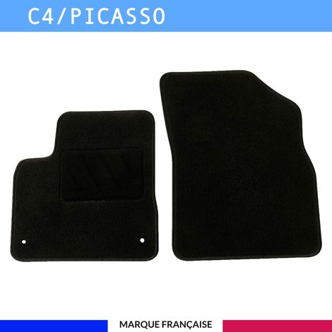 Tapis de sol voiture - Sur mesure pour  Citroen C4 PICASSO (06/2006-08/2013) - Antidérapant : Clips de fixations et scratch - Tapis de sol avant 2 pièces - Moquette - Noir