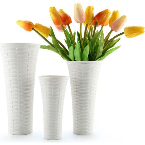 Bouilloire portable avec couvercle en bambou naturel, 20 cm de haut. Ensemble de trois vases en porcelaine blanche, orné d'un motif tressé élégant. Convient pour le salon, le bureau et la décoration d (1/5)