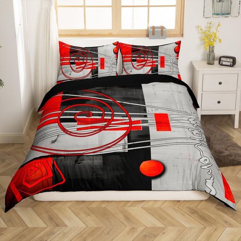 Moderne Parure de Lit Rouge Noir Gris Ligne géométrique imprimé Housse de Couette 220x240cm Art Abstrait Ensemble de literie Adolescent Rond et Bloc Motif décoration 3 Pièces (1/5)