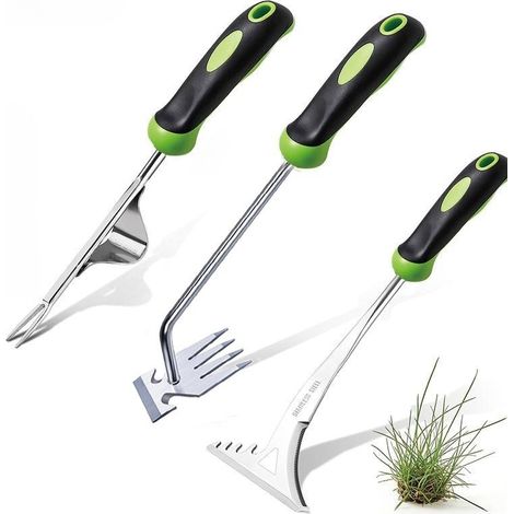 Cet ensemble de trois outils de désherbage est fabriqué en acier inoxydable et possède une poignée ergonomique, adaptée aux potagers et aux jardins. (1/4)