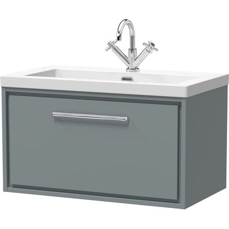 Balterley Longnor Modern Bathroom 1 Soft-Close Drawer Wall Hung Vanity Unit Fireclay Basin, Coastal Grey, 800mm