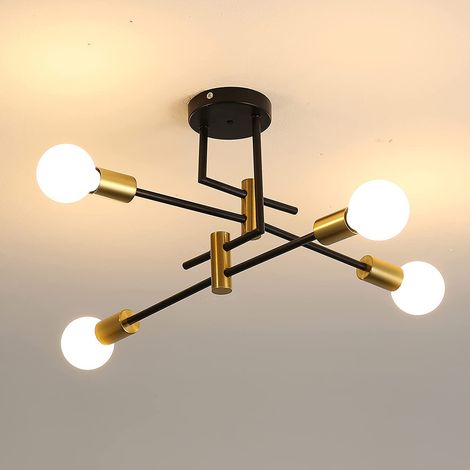 Lustre Sputnik E27, 4 Lumières Plafonnier Industriel en Metal, E27 Lampe de Plafond Chandelier Vintage pour Salle à manger, Chambre, Cuisine, Couloir, Noir+Or, Diamètre 70CM (Sans Ampoule) (1/5)