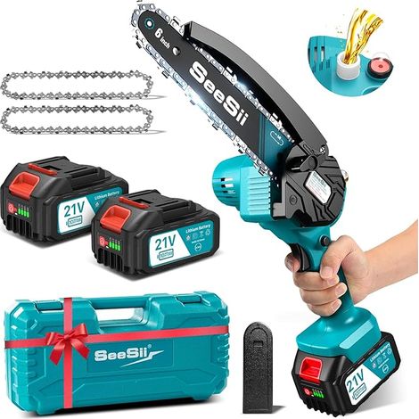 Mini tronçonneuse à batterie 8000mAh 6 pouces – Injecteur de lubrifiant intégré – Chaîne de remplacement – Pour bois dur