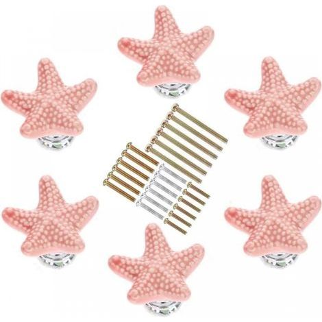 (6 Pieces) Starfish Shaped Furniture Knobs in Various Sizes, Ceramic Kitchen Cabinet Handles, for Kitchen Cupboards, Children's Rooms (Pink) (1/4)