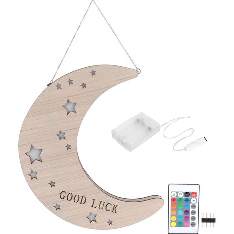 Veilleuse LED RGBW en forme de lune, lampe murale en bois avec télécommande à 24 touches (1/5)