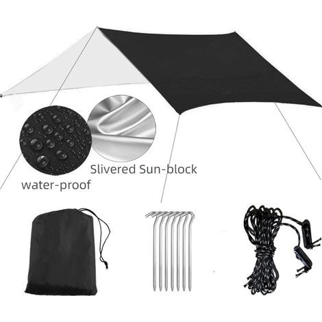Tente d'abri solaire imperméable 3 m x 3 m, bâche anti-UV, tente de plage, ombrage, hamac de camping en plein air, pare-pluie, auvent de camping, haubans et piquets inclus pour la randonnée, le sac à (1/5)