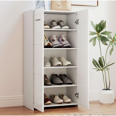 MEUBLIV Weißer Hochglanz-Schuhschrank 55x36x108 cm, 10 Paare, verstellbare Regale (1/5)
