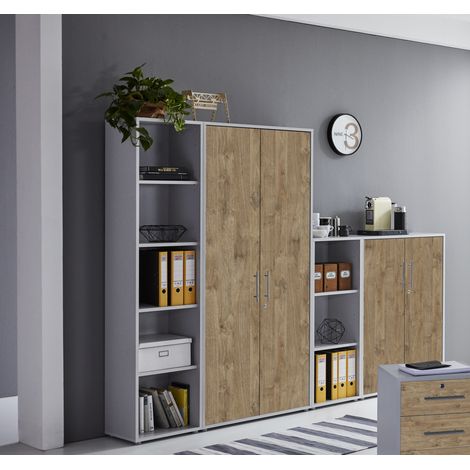 BMG Möbel abschließbare Regalwand/Schrankwand, Office Edition Set 4, grau/ gold harbor oak