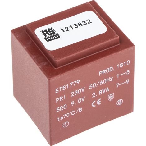Rs Pro – Transformateur pour tableau électrique 2.8VA – Tension 1 x 9V c.a. – 1 sortie – Dimensions 32.5 x 27.5 x 34.5mm (1/2)