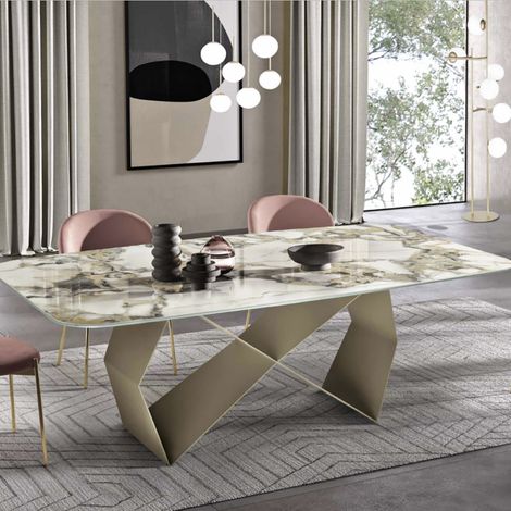 Tavolo fisso 210 cm KARL base metallo Beige e piano effetto marmo Symphonie Oro (1/5)