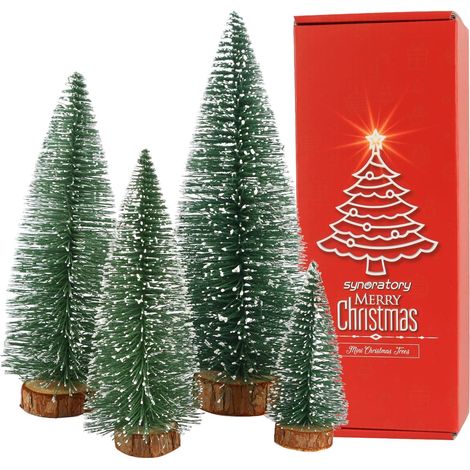 Petit Sapin de Noël, Mini Sapin de Noël, Mini Sapin, Faux Arbres avec Brosse à Bouteille avec Base en Bois pour décoration de Table (Vert végétal) (1/5)