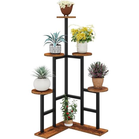 6 Niveaux Support de Plante en Métal Bois, 108cm de Haut Étagère d'angle pour Pots de Fleurs Interieur, Porte Plantes d'Intérieur pour Terrasse Balcon Jardin Salon, Rustique Marron TMJ072H (1/5)