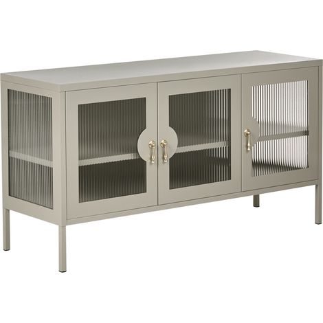 Aparador de 3 puertas armario de metal para oficina puertas de vidrio acanalado estantes estilo industrial beige claro Gleora