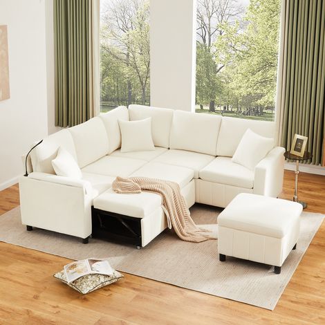 Divano angolare letto in tessuto felpa (chenille), con pouf, lampada, porte USB/Type-C e tavolino basso pieghevole, beige, 205x205x85 cm (1/5)