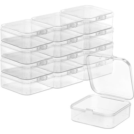 (5,5 x 5,5 x 2 cm) Lot de 12 petites boîtes de rangement transparentes en plastique avec couvercles - pour pilules, perles, bijoux, (1/4)