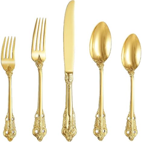 Ensemble de couverts baroques or 18/10 en acier inoxydable 20 pièces, ustensiles comprenant une fourchette, une cuillère et un couteau avec coffret cadeau (1/5)