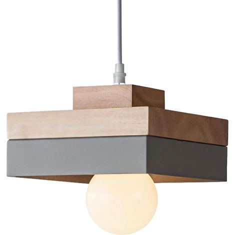 Suspension Luminaire Bois Rétro Plafonnier Design Vintage E27 Éclairage Intérieur Carée Lustre Moderne Abat-jour Métal Lampe Suspension Art pour Salon Chambre Cuisine (1/5)