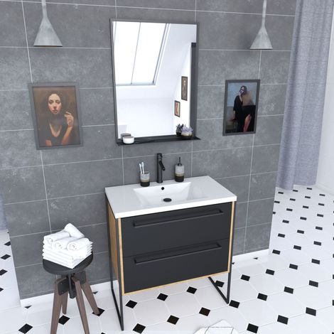 Mobile da bagno 80x50 cm - lavabo bianco 80x50 cm - 2 cassetti nero opaco + specchio