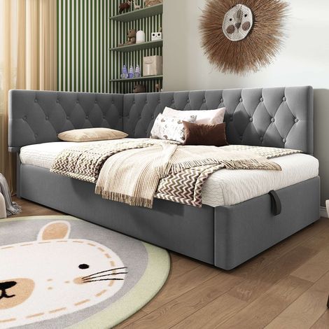 Lit banquette 90x190 cm avec sommier à lattes inclus, coffre hydraulique, canapé-lit enfant et adolescent, velours gris sans matelas (1/5)
