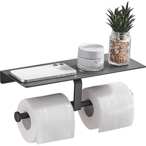 ZOLGINAH Porte Rouleau de Papier Toilette Hygiénique sans Perçage avec Etagère de Téléphone Portable Support Mural Double pour Salle de Bains (Gris)