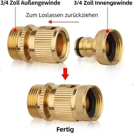 4 Pièces Connecteur de Tuyau d'arrosage en Laiton 3/4", Raccords Rapide, Connecteur de Robinet à Filetage Femelle et Filetage Mâle, (1/4)