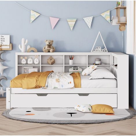 Sofá cama de madera blanco/gris 140x200 cm con cama nido 90x190, USB y almacenaje