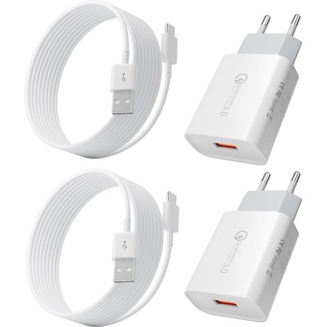 2 Pack USB Chargeur avec 2m USB C Câble Compatible avec Samsung S21 S20 S20 FE S10 S10e S9 S8 Plus A53 A52S A51 A50 A41 A40 A14 A13, Xiaomi, Huawei, Google, Quick Charge 3.0 + Type C Câble, Blanc (1/5)
