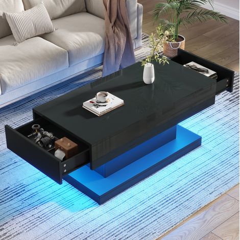 table salon rangement 2 tiroirs LED 100 cm noir brillant OKMYHOME (1/5)