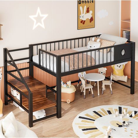 Lit mezzanine bas 90/200 cm noir en métal avec échelle de rangement (1/5)