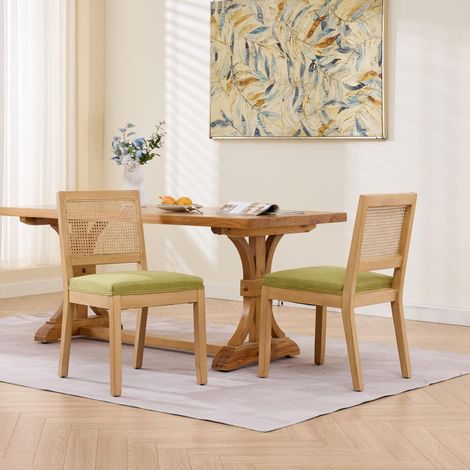 Lot de 2 chaises de salle à manger en cannage avec coussin vert olive (1/5)