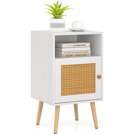 Comodino 40 x 39 x 70 cm, comodino con ripiano aperto e anta decorata in rattan PE, gambe in legno massello (bianco, 1) (1/5)