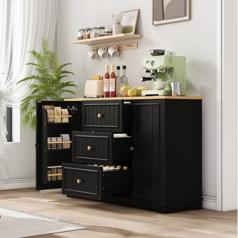 FLORAGRACE Buffet moderne 126 x 40 x 86 cm noir en MDF avec 3 tiroirs et portes, meuble de rangement  pour salle à manger, salon et entrée (1/5)