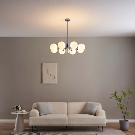 Kosilum – Lustre chromé vintage 8 globes en verre blanc – Hauteur ajustable 77cm – Douilles G9 pour ampoules – Pour salle à manger et salon (1/5)