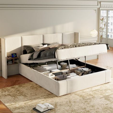 Letto 160x200 cm, grande letto contenitore con porta USB, prese, 2 comodini, rete a doghe in legno, velluto, senza materassi, beige (1/5)