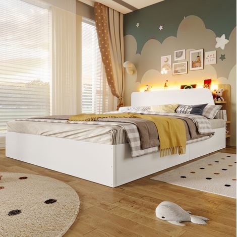 Letto contenitore idraulico 140x200 cm con LED, USB e USB-C, bianco e naturale, OKWISH (1/5)