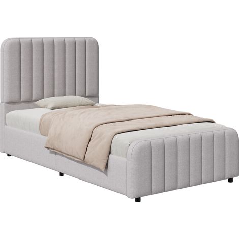 Kinder Einzelbett mit Stauraum und Gepolstertem Kopfteil, 90 x 200 cm, ohne Matratze, Grau