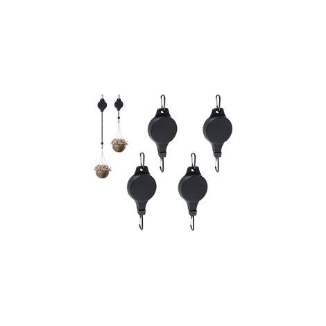 Support pour plantes suspendues rétractable avec système de poulie, permettant de monter et descendre facilement les plantes, les jardinières suspendues et les mangeoires à oiseaux (lot de 4, noir) (1/5)