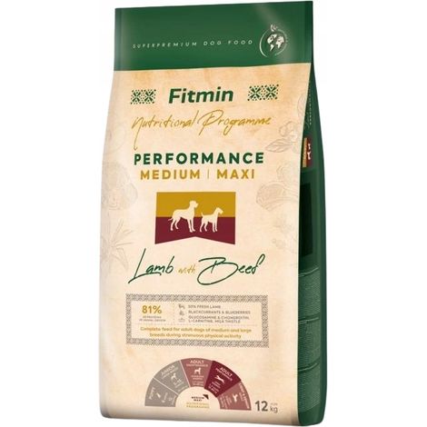 Alimento seco para perros FITMIN PERFORMANCE CORDERO Y CARNE DE RES 12 kg