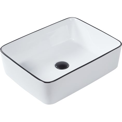 Lavabo sobre encimera baño clásico cerámica brillante blanco con borde negro rectangular 49 x 38 cm Xert