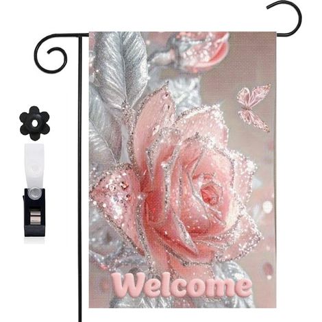 Bannière de cour feuilles argentées et rose rose 30 x 45 cm décoration porche et maison (1/5)