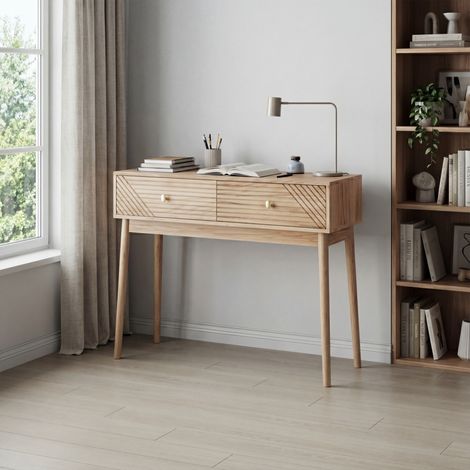 Consolle da scrivania in stile Mid-Century con 2 eleganti cassetti curvi, consolle d’ingresso vintage, MDF e pino - 100x35x80 cm - Rovere (1/5)