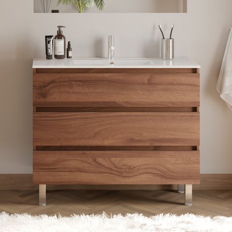 Meuble de salle de bain 100cm simple vasque - 3 tiroirs - sans miroir - noyer (bois foncé) - MAYOR