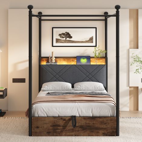 Bett mit Himmel 90x190 cm aus schwarzem Metall, mit gepolstertem Kopfteil, LED, USB und Stauraum (1/5)