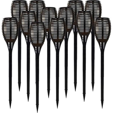 Torche solaire LED - JUANIO - Lot de 12 - Effet flamme vacillante - Noir - 58 x 9,5 cm