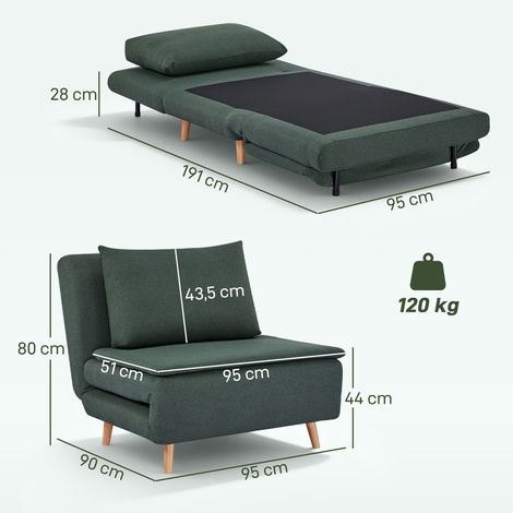 3-in-1 Schlafsessel mit Bett-Funktion, Liegesessel, verstellbare Rückenlehne, Buchenholzbeine, Kissen, Dunkelgrün (1/5)