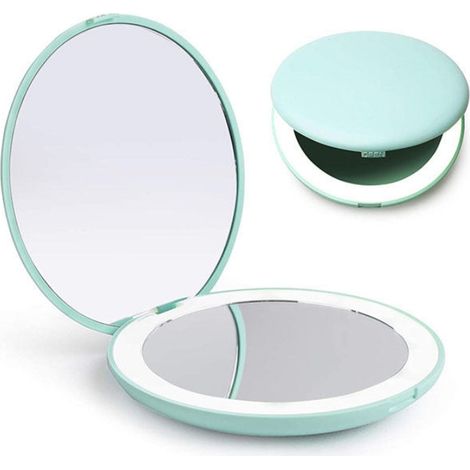 Miroir pliant portable avec miroir de maquillage à lumière LED, loupe 10X, mini miroir à 12 perles de lampe vert (1/5)