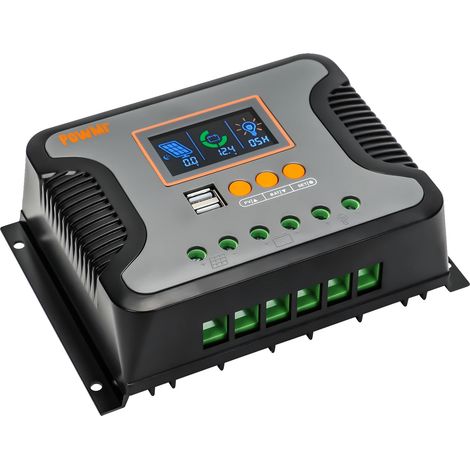 Controlador de carga solar, tecnología PWM, pantalla LCD, 60 A, 12 V, 24 V, 36 V, 48 V-a, integrado para sistemas fuera de la red. (1/2)