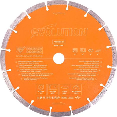 Evolution Lama per sega a disco premium Evolution da 230 mm con alta concentrazione di diamanti, bordo segmentato e foro da 22,2 mm (1/3)