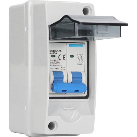 Miniature DC Circuit Breaker 50A 1000V 2 Pole DC Disconnect Switch with IP65 Waterproof Distribution Protection Housing Solar Disconnect Switch for Solar System (1/5)
