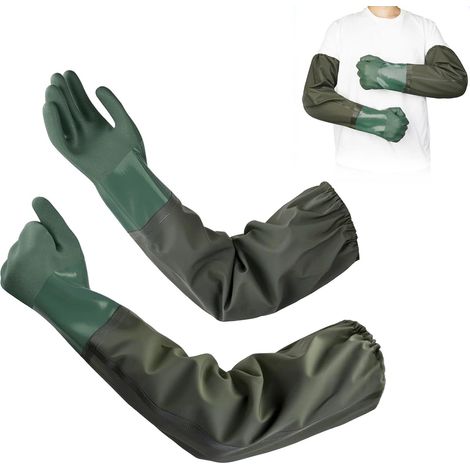 Paar lange 70 cm Gummihandschuhe für den Haushalt, Chemikalienschutzhandschuhe, wasserdicht, rutschfest, für die Reinigung von Teichen, Industrie, Landwirtschaft, Fischerei und Bauwesen (Dunkelgrün) (1/5)